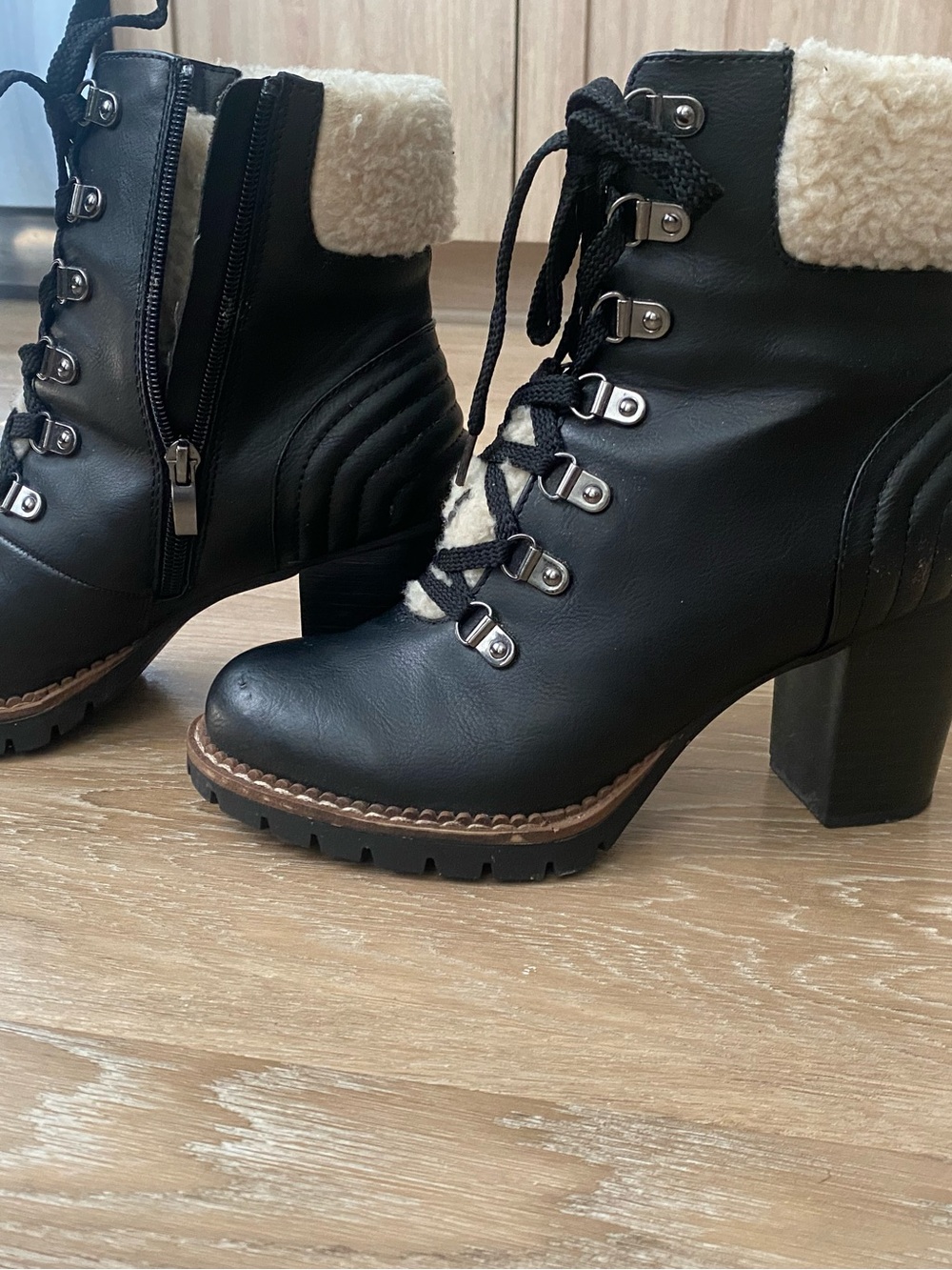 Black Faux-Shearling Lace-Up Block Heel Boots